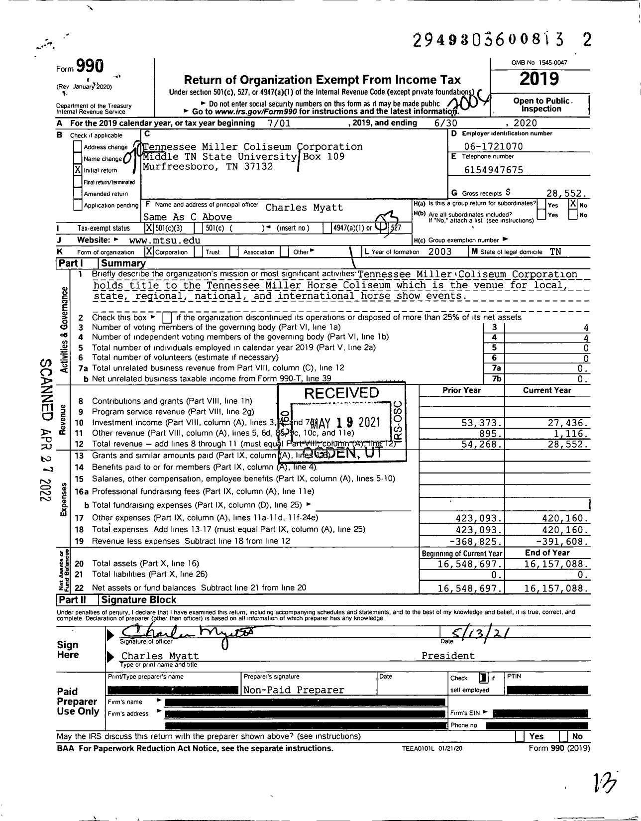 Image of first page of 2019 Form 990 for Tennessee Miller Coliseum Corporation