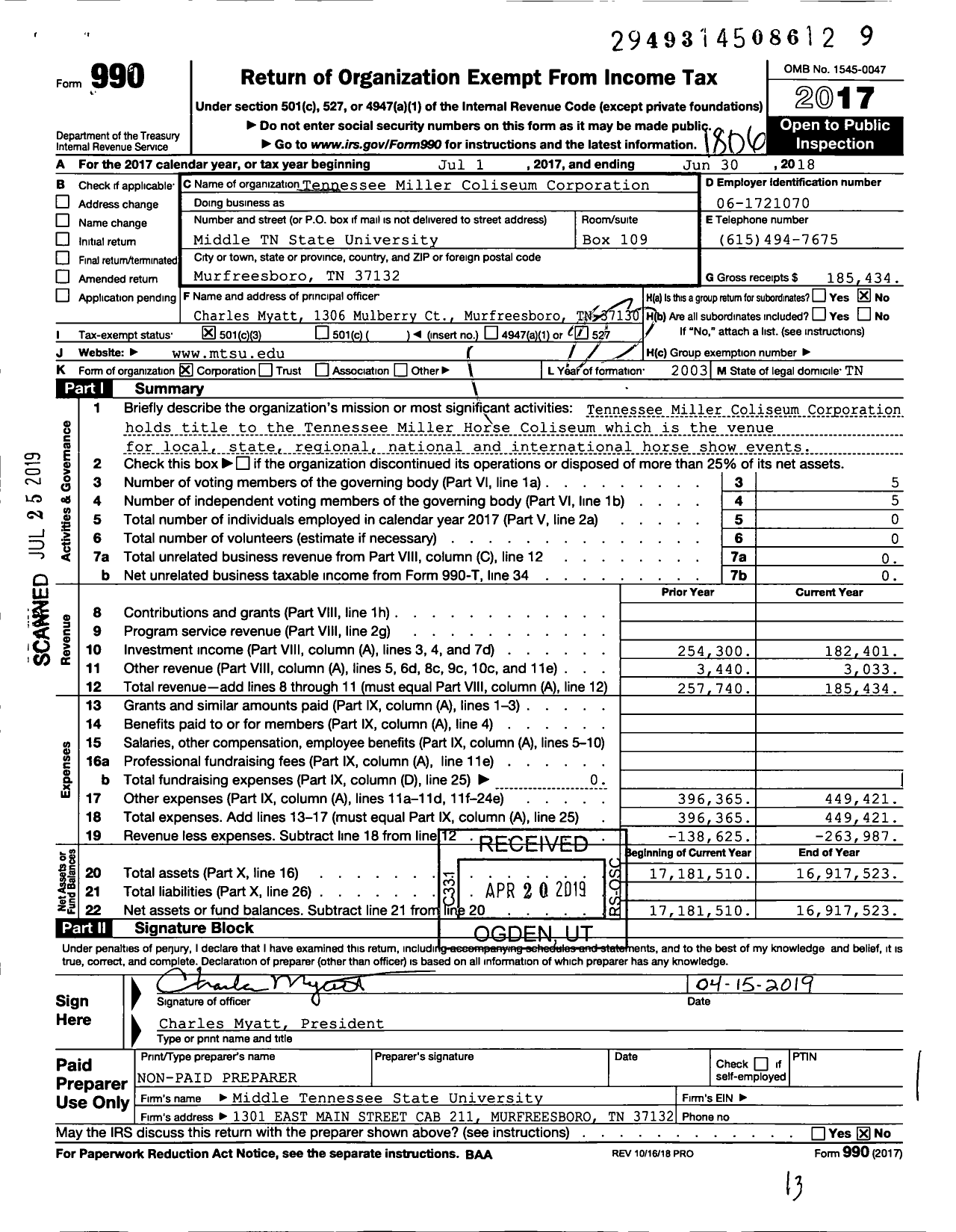 Image of first page of 2017 Form 990 for Tennessee Miller Coliseum Corporation