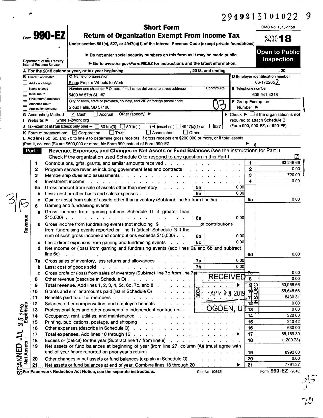 Image of first page of 2018 Form 990EZ for Sioux Empire Wheels To Work