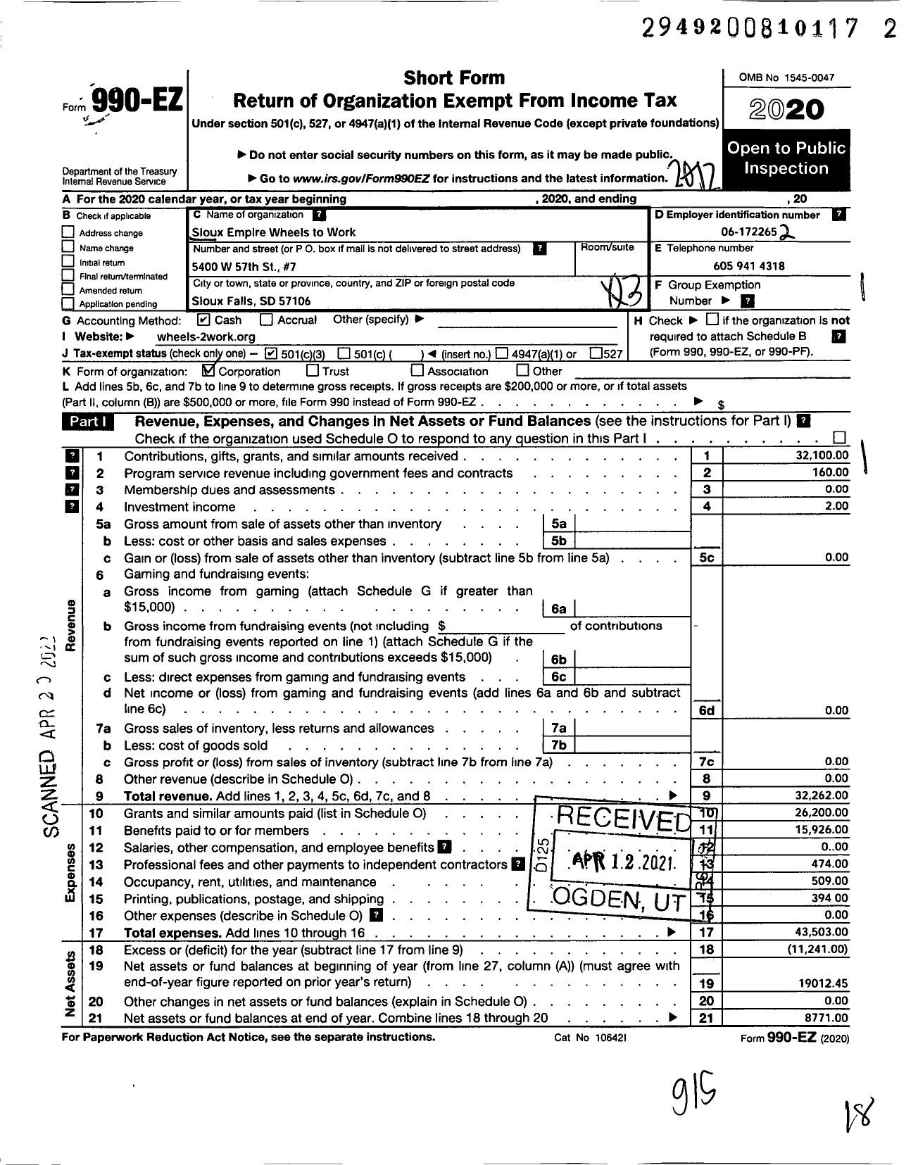 Image of first page of 2020 Form 990EZ for Sioux Empire Wheels To Work