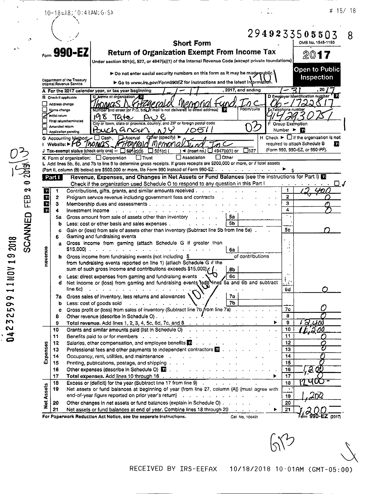 Image of first page of 2016 Form 990EZ for Thomas D Fitzgerald Iii Memorial Fund