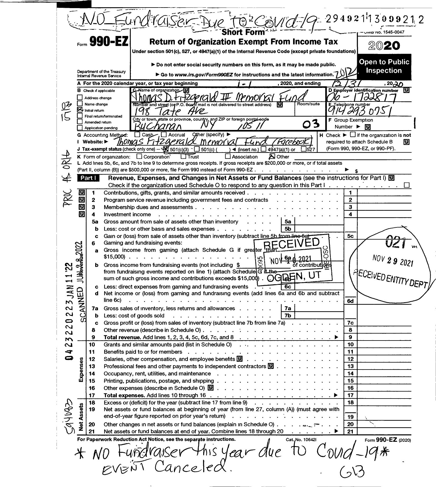 Image of first page of 2020 Form 990EZ for Thomas D Fitzgerald Iii Memorial Fund