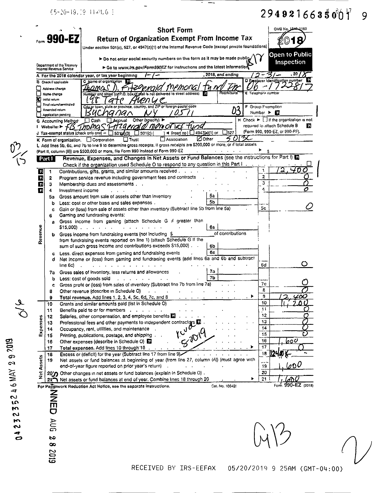 Image of first page of 2018 Form 990EZ for Thomas D Fitzgerald Iii Memorial Fund