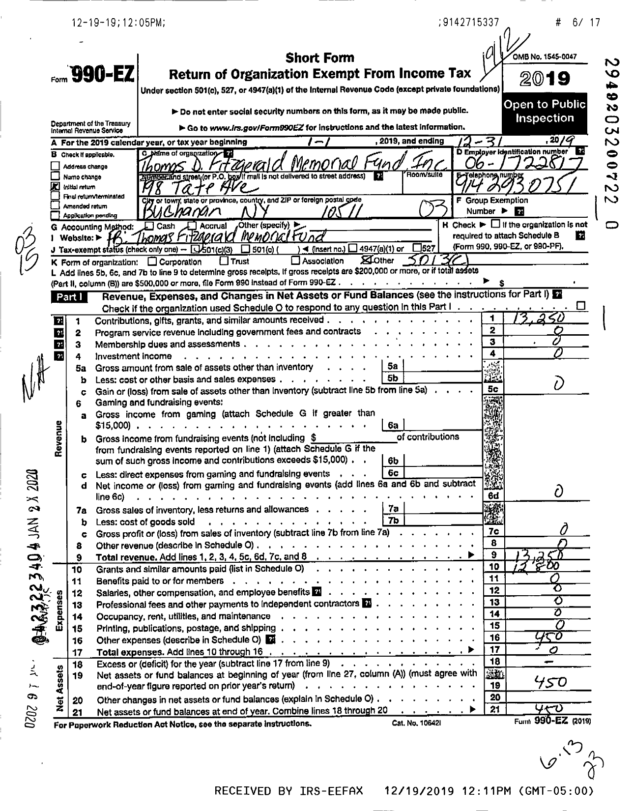 Image of first page of 2019 Form 990EZ for Thomas D Fitzgerald Iii Memorial Fund