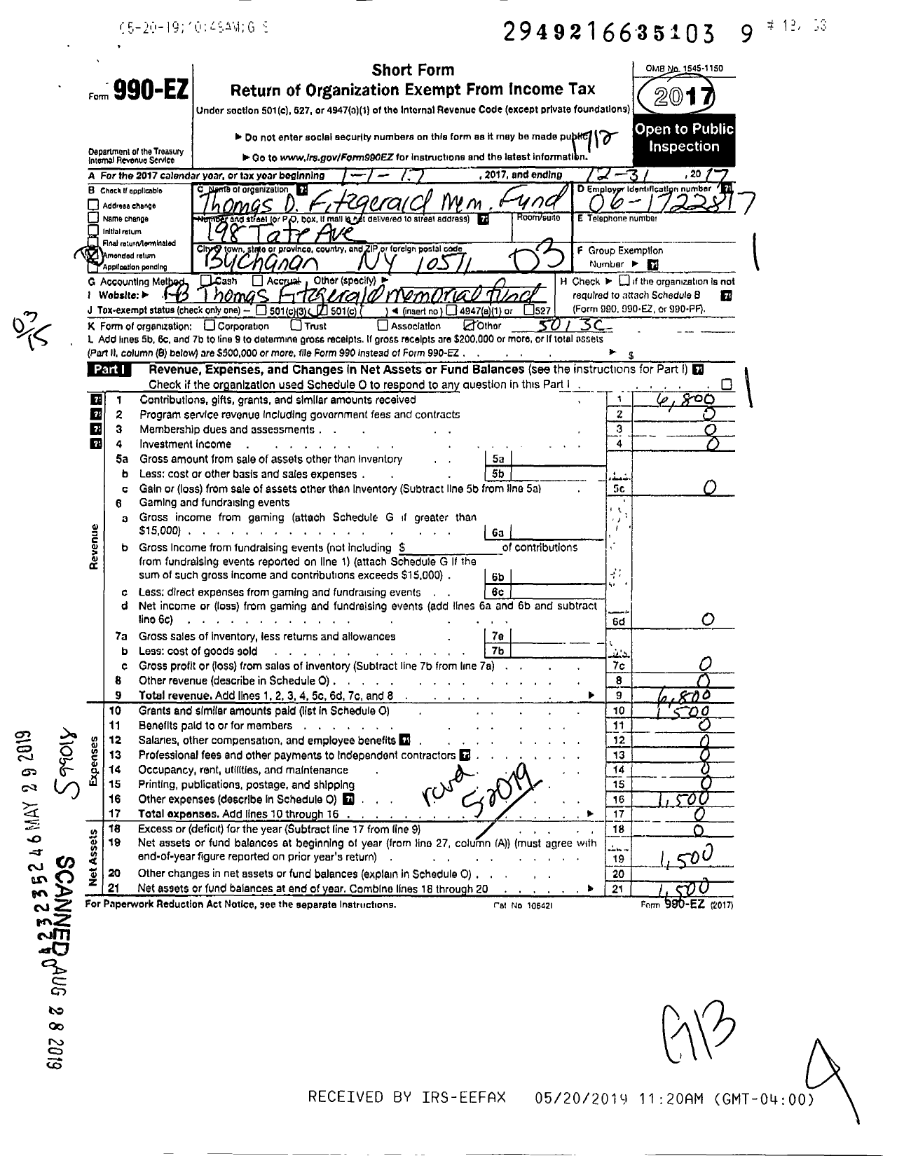 Image of first page of 2017 Form 990EZ for Thomas D Fitzgerald Iii Memorial Fund