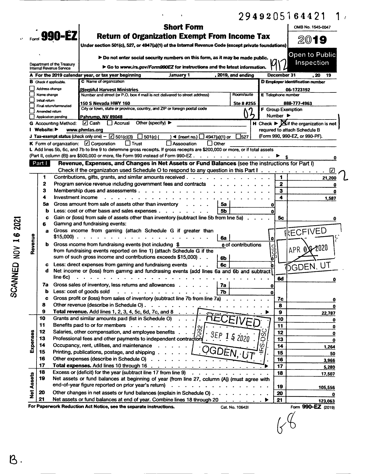 Image of first page of 2019 Form 990EZ for Plentiful Harvest Ministries