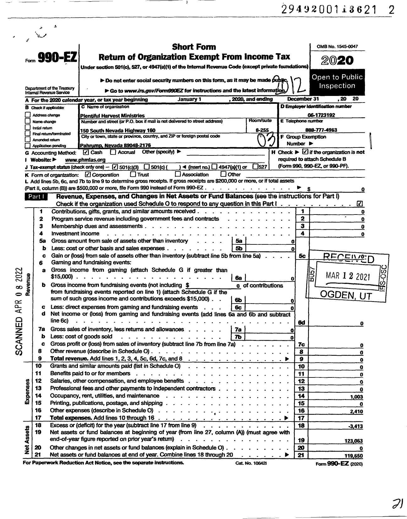 Image of first page of 2020 Form 990EZ for Plentiful Harvest Ministries