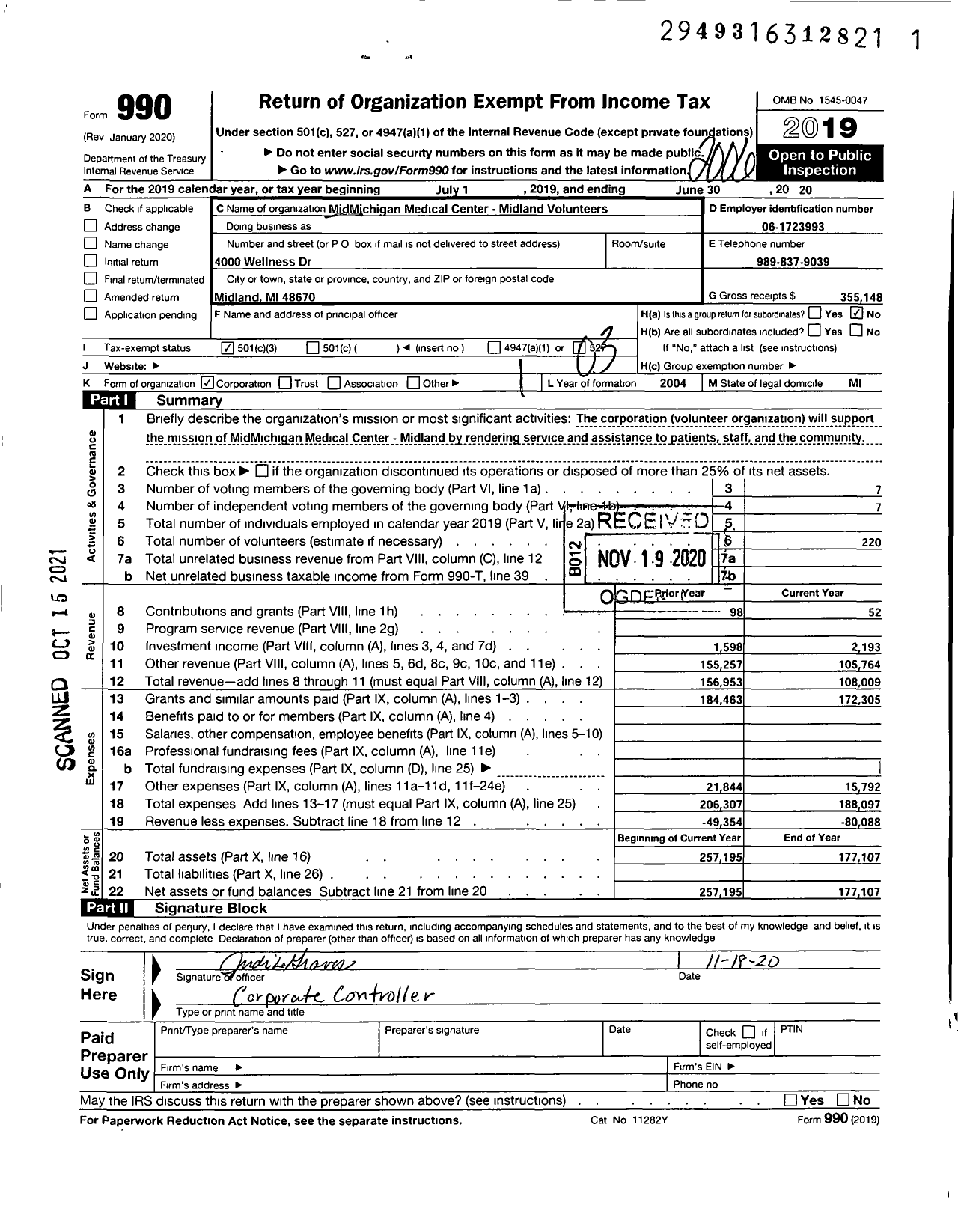 Image of first page of 2019 Form 990 for Mymichigan Medical Center Midland Volunteers