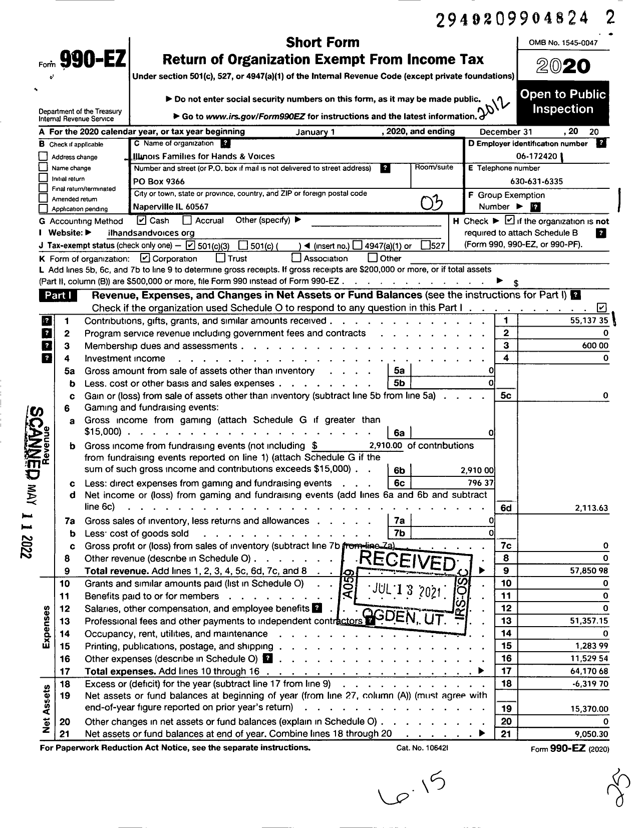 Image of first page of 2020 Form 990EZ for Illinois Families for Hands and Voices