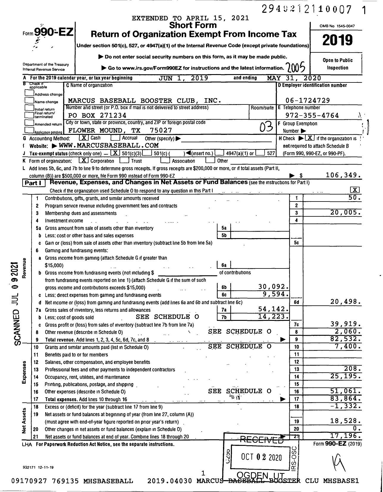 Image of first page of 2019 Form 990EZ for Marcus High School Baseball Boosters Club