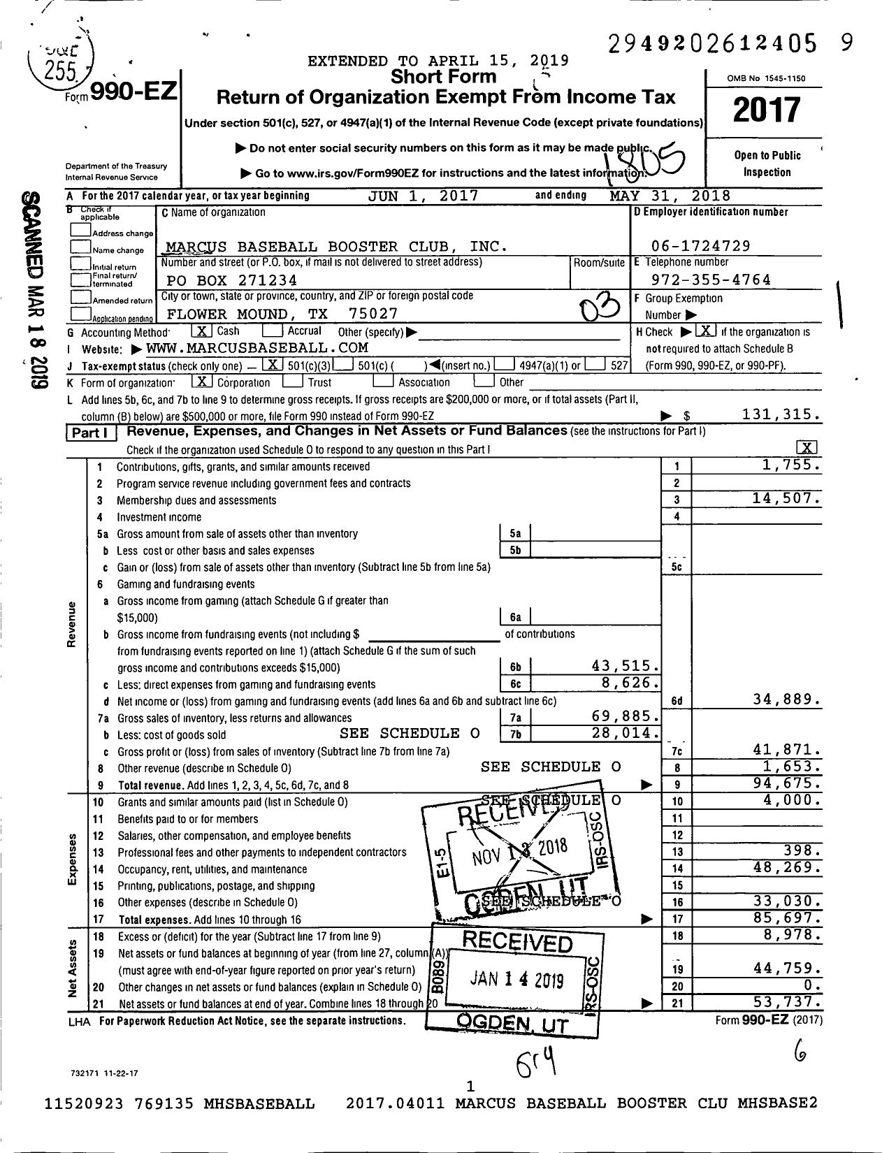 Image of first page of 2017 Form 990EZ for Marcus High School Baseball Boosters Club