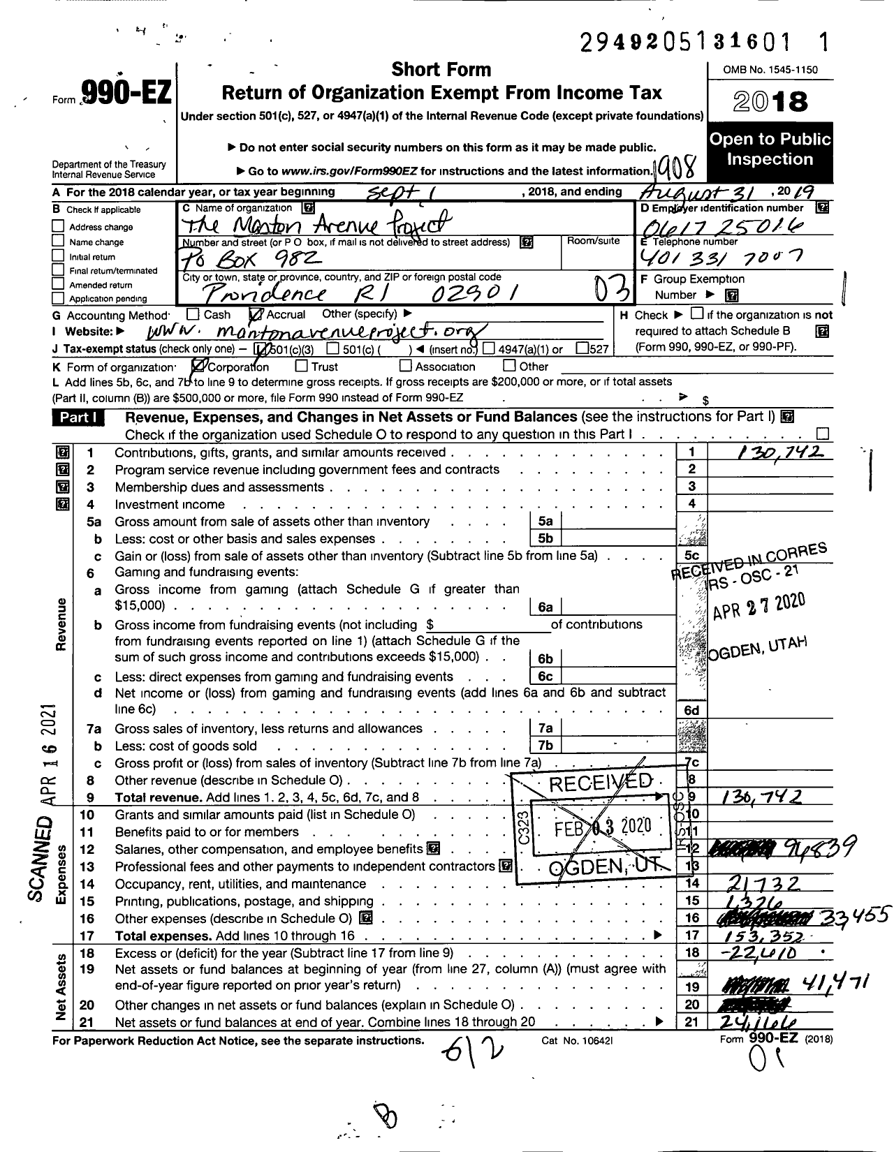 Image of first page of 2018 Form 990EZ for The Manton Avenue Project