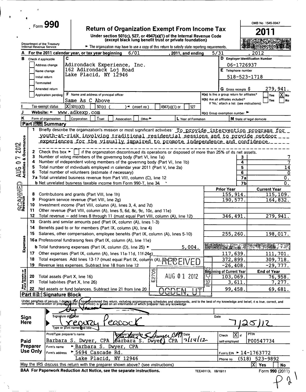 Image of first page of 2011 Form 990 for Adirondack Experience