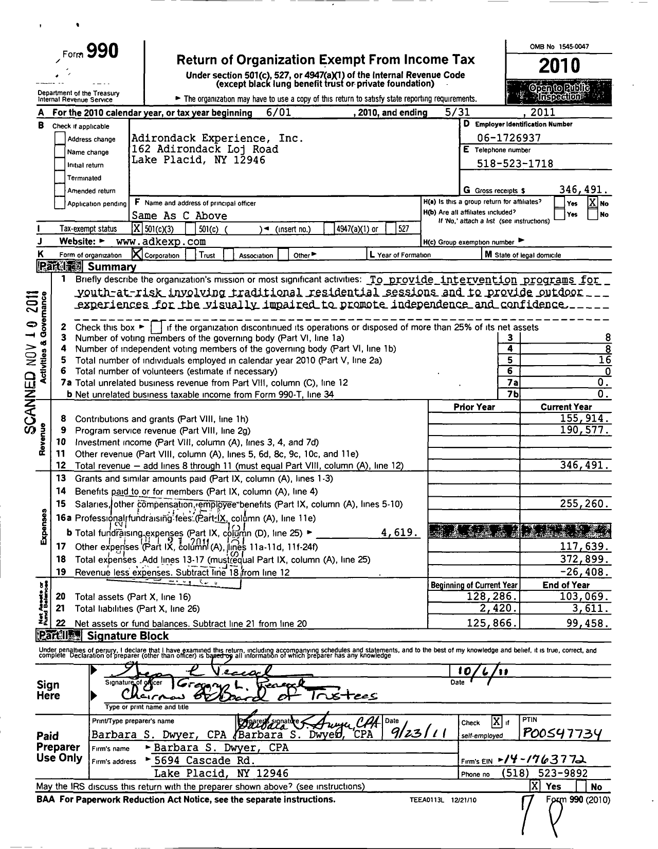 Image of first page of 2010 Form 990 for Adirondack Experience