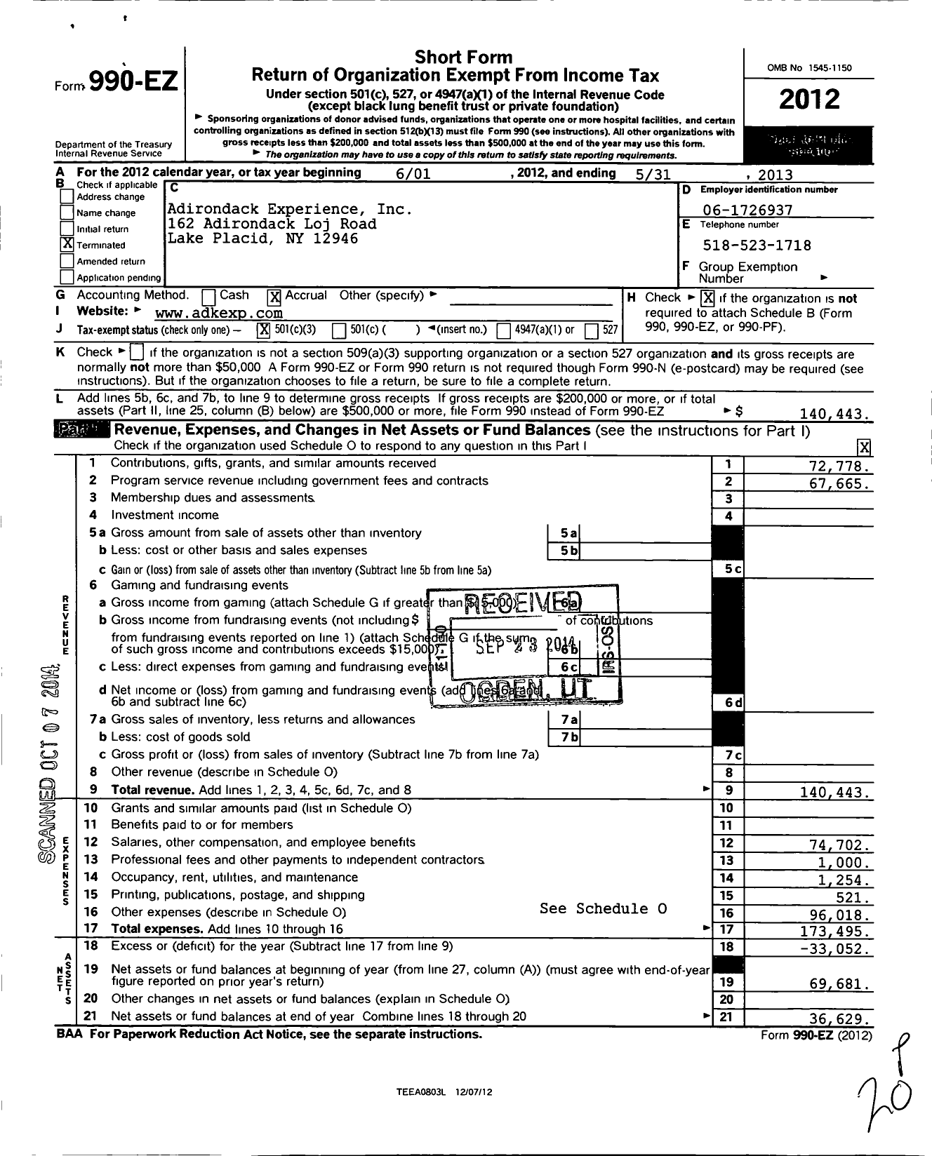 Image of first page of 2012 Form 990EZ for Adirondack Experience