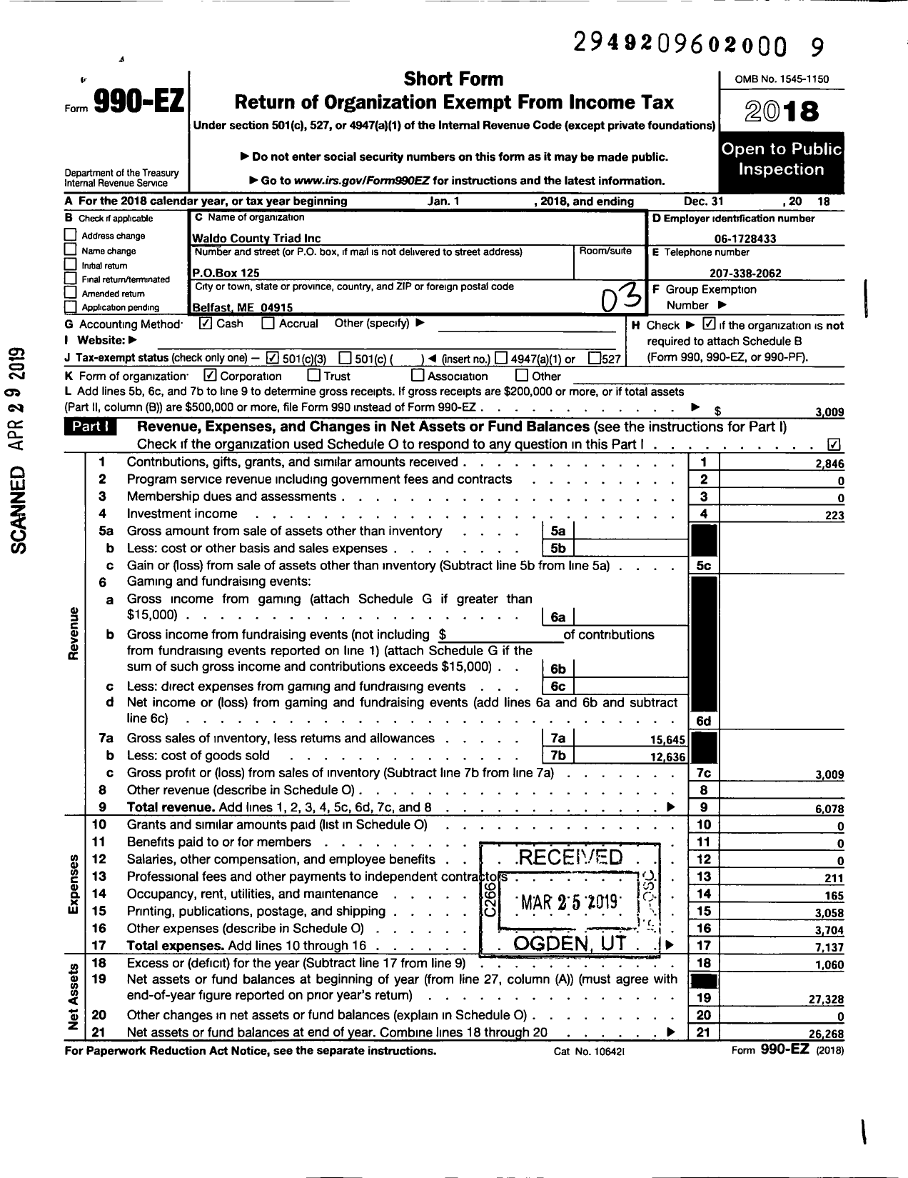 Image of first page of 2018 Form 990EZ for Waldo County Triad