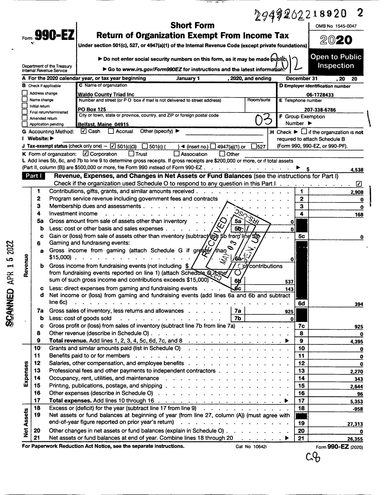 Image of first page of 2020 Form 990EZ for Waldo County Triad