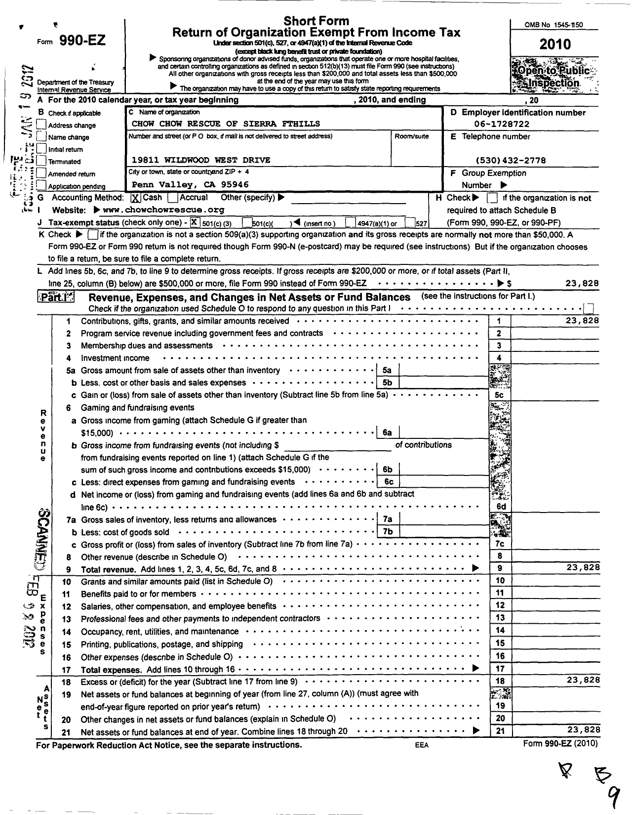 Image of first page of 2010 Form 990EZ for Chow Chow Rescue of the Sierra Foothills