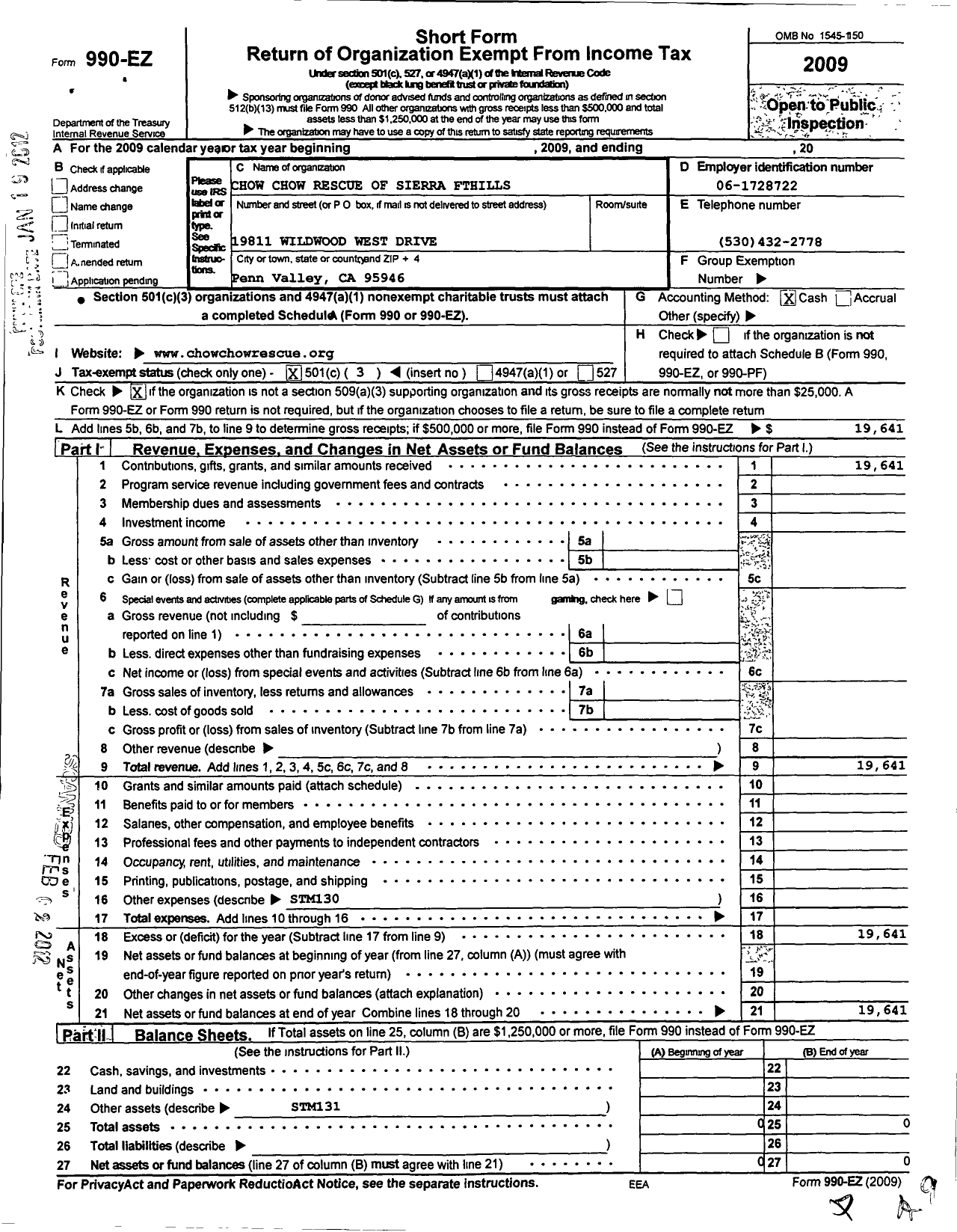Image of first page of 2009 Form 990EZ for Chow Chow Rescue of the Sierra Foothills