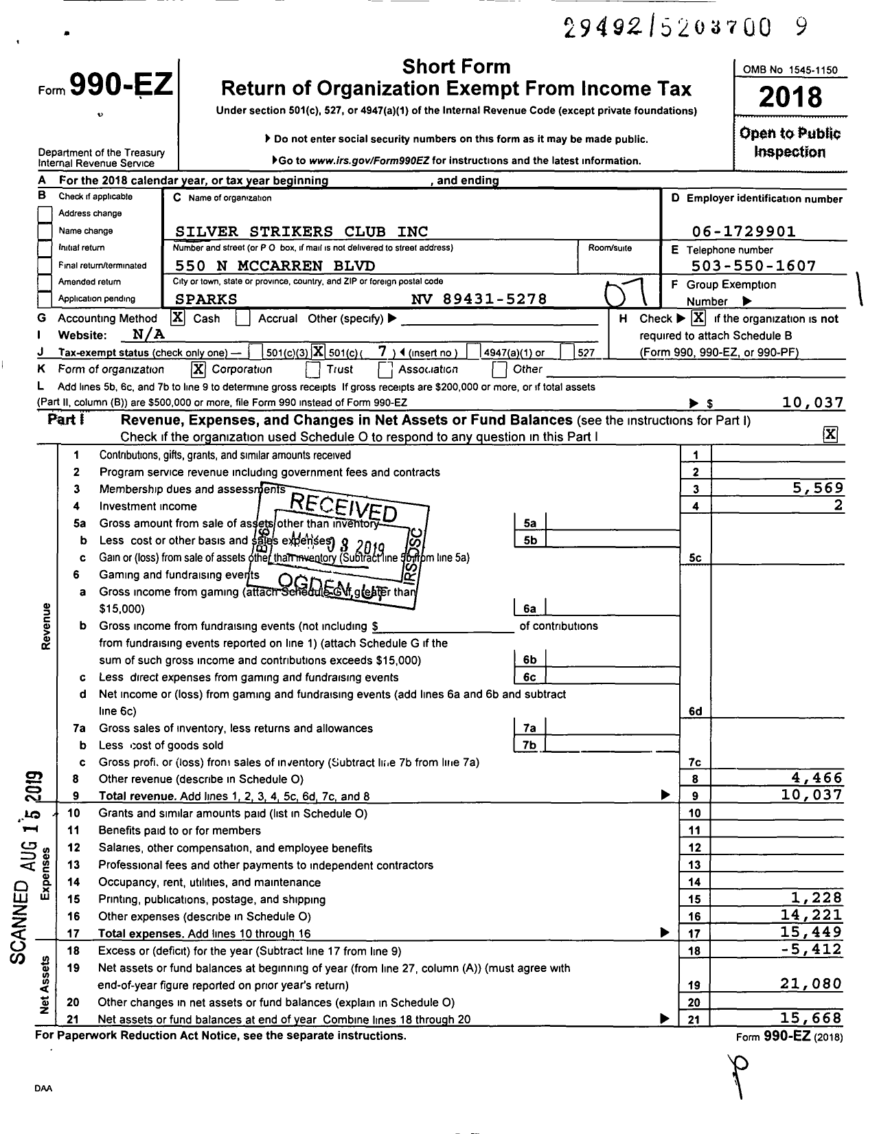 Image of first page of 2018 Form 990EO for Silver Strikers Club