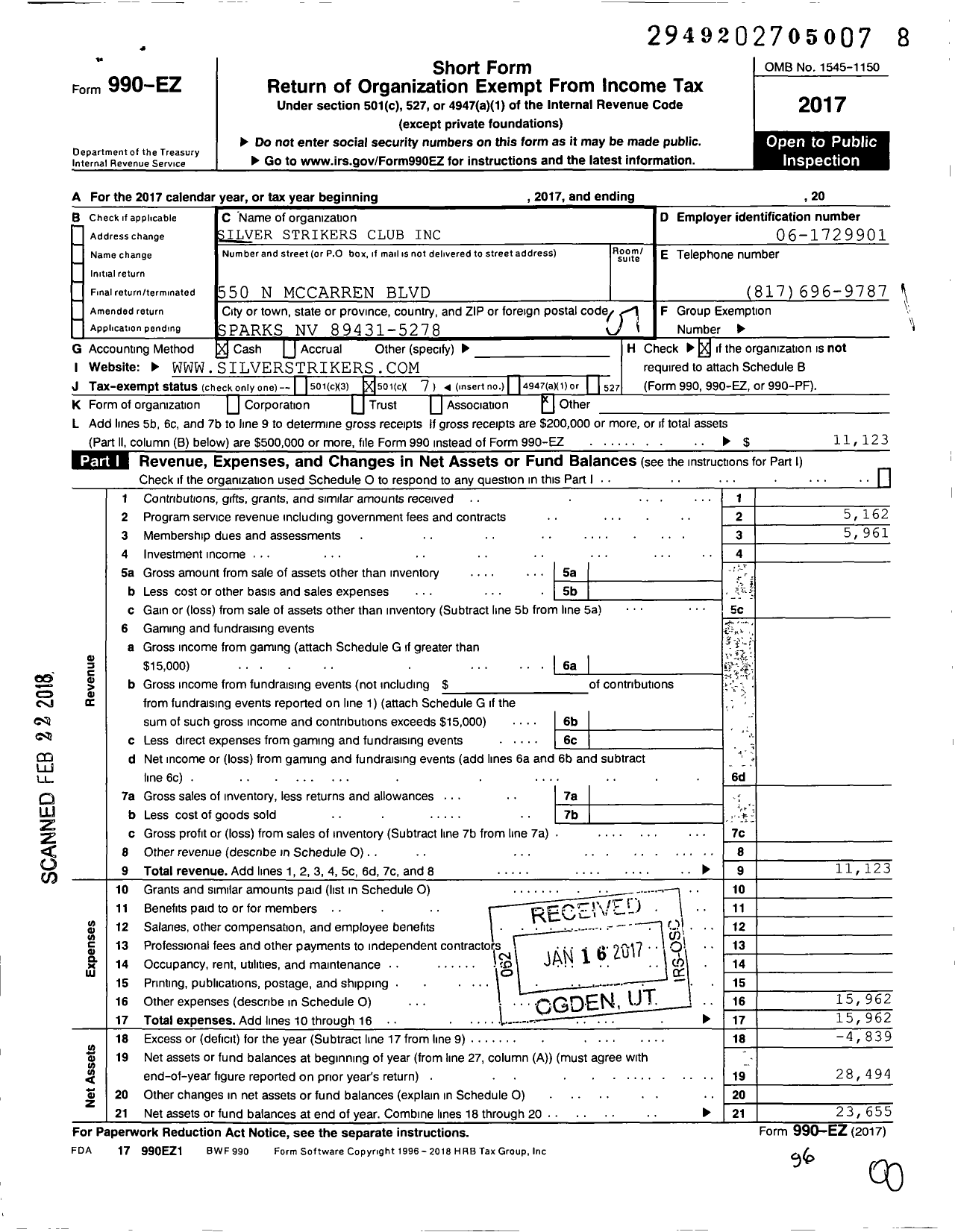 Image of first page of 2017 Form 990EO for Silver Strikers Club