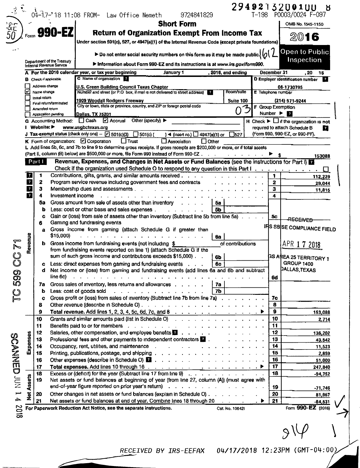 Image of first page of 2016 Form 990EZ for US Green Building Council TX Chapter