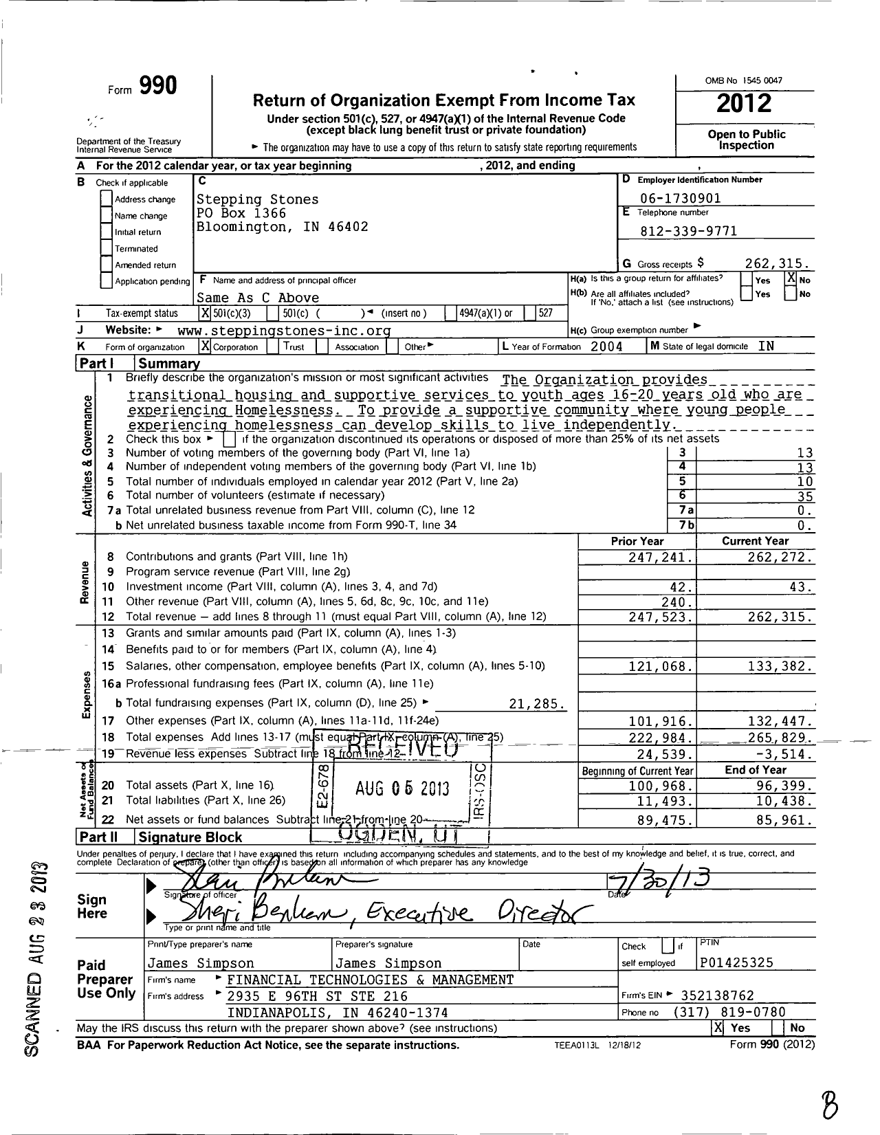 Image of first page of 2012 Form 990 for Stepping Stones