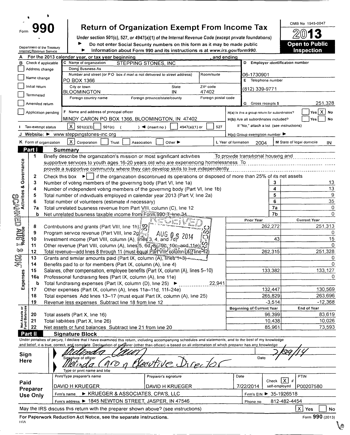 Image of first page of 2013 Form 990 for Stepping Stones