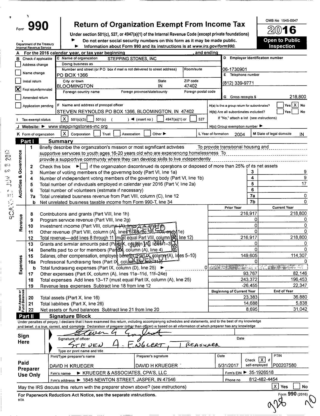 Image of first page of 2016 Form 990 for Stepping Stones