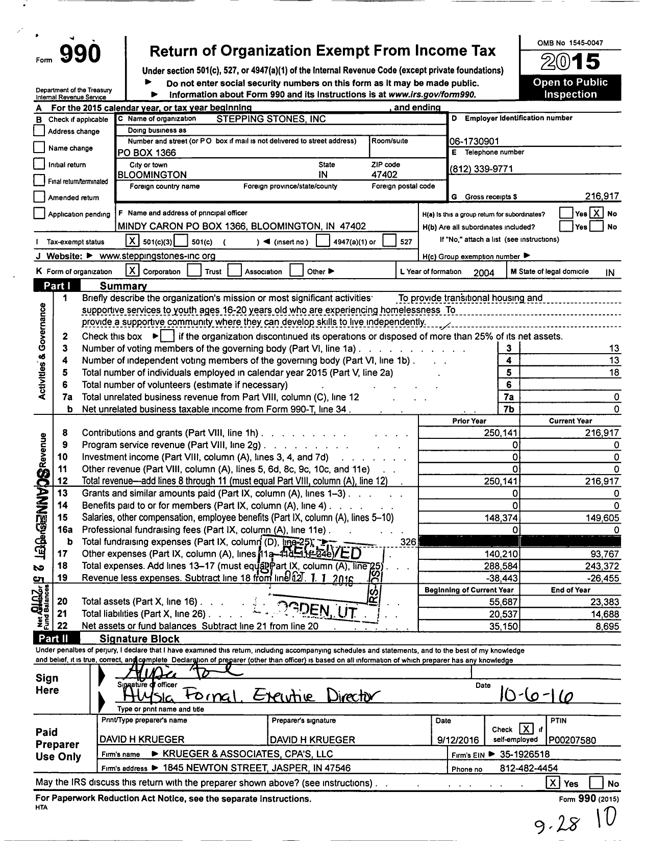 Image of first page of 2015 Form 990 for Stepping Stones