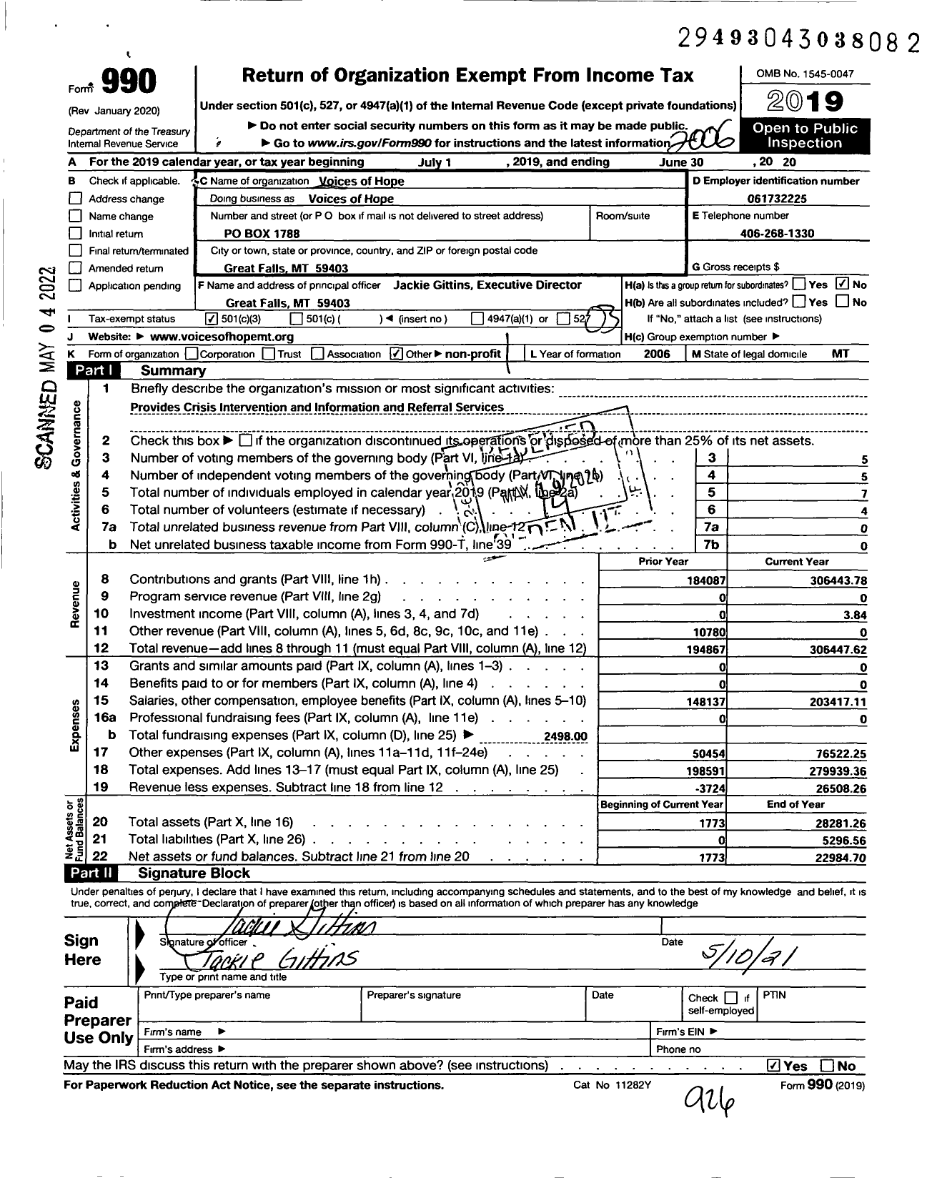 Image of first page of 2019 Form 990 for Voices of Hope