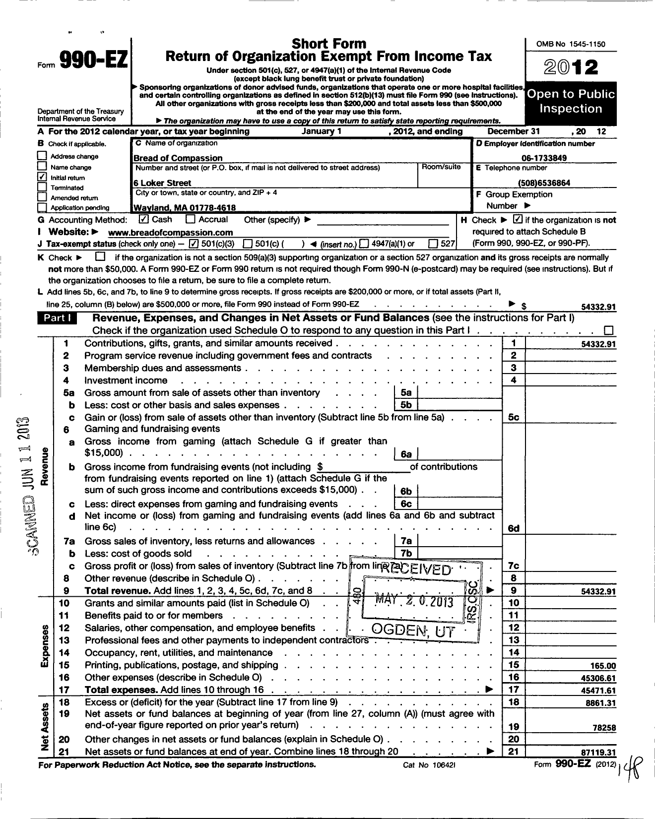 Image of first page of 2012 Form 990EZ for Bread of Compassion