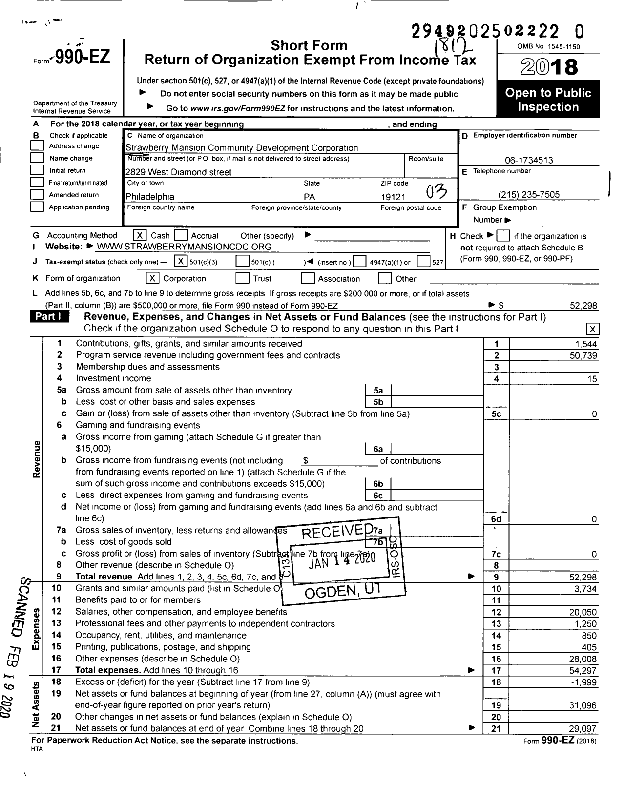 Image of first page of 2018 Form 990EZ for Strawberry Mansion Community Development Corporation (SMCDC)