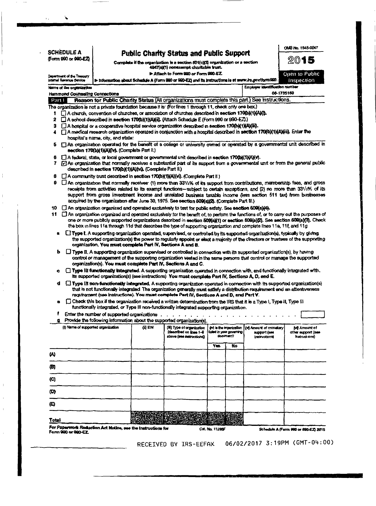 Image of first page of 2015 Form 990ER for Hammond Counseling Connections