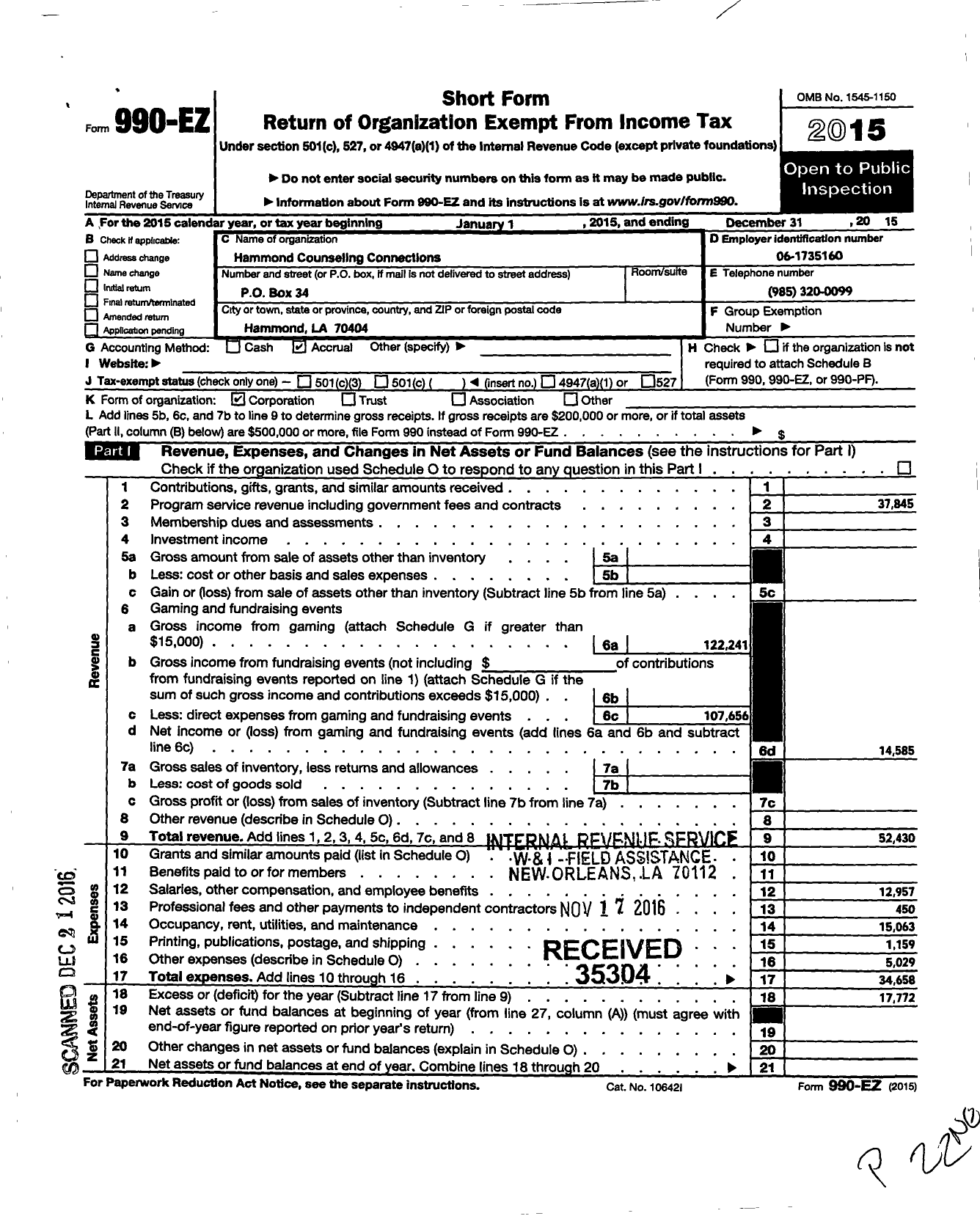 Image of first page of 2015 Form 990EO for Hammond Counseling Connections