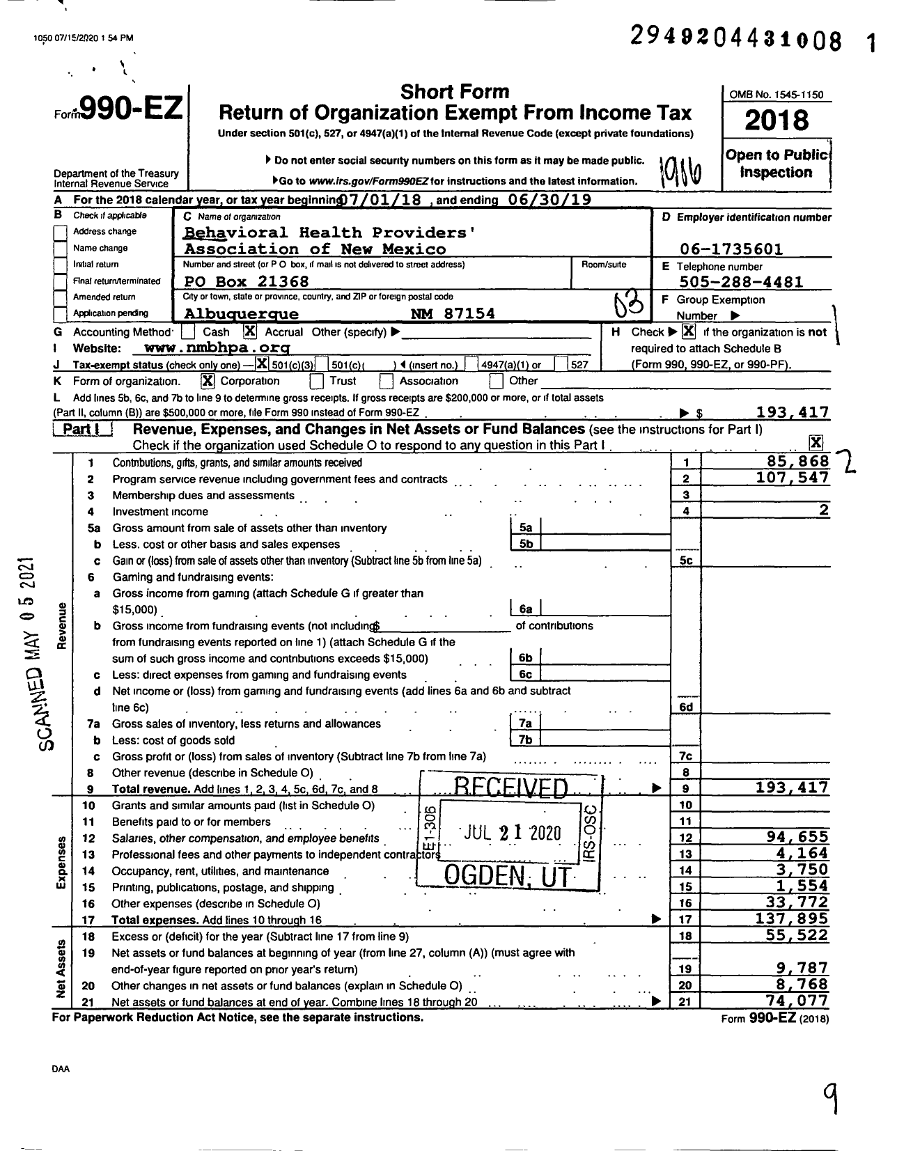 Image of first page of 2018 Form 990EZ for Behavioral Health Providers' Association of New Mexico