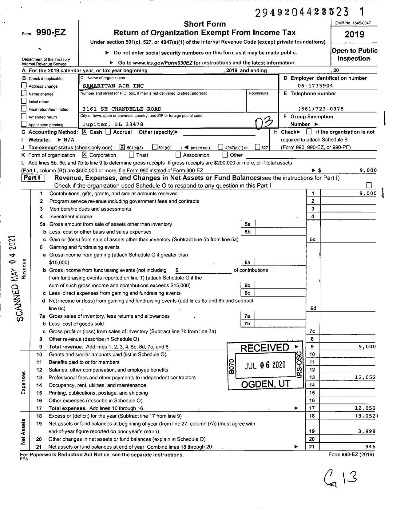 Image of first page of 2019 Form 990EZ for Samaritan Air