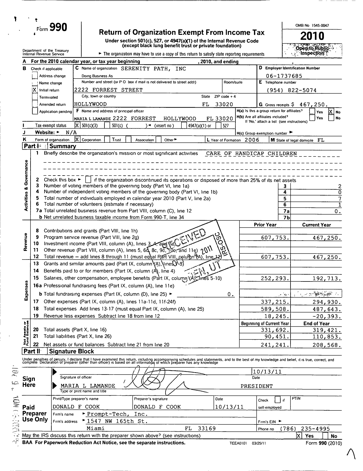 Image of first page of 2010 Form 990 for Serenity Path