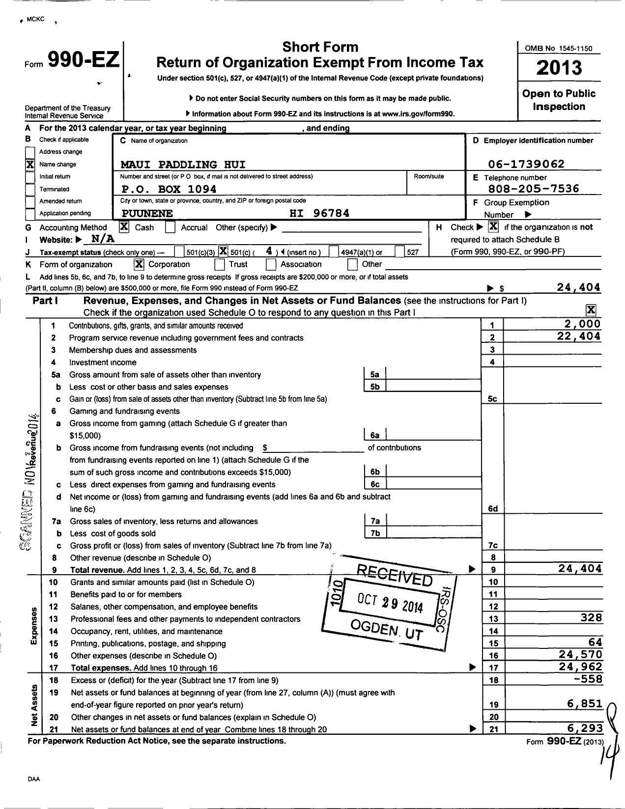 Image of first page of 2013 Form 990EO for Maui Paddling Hui