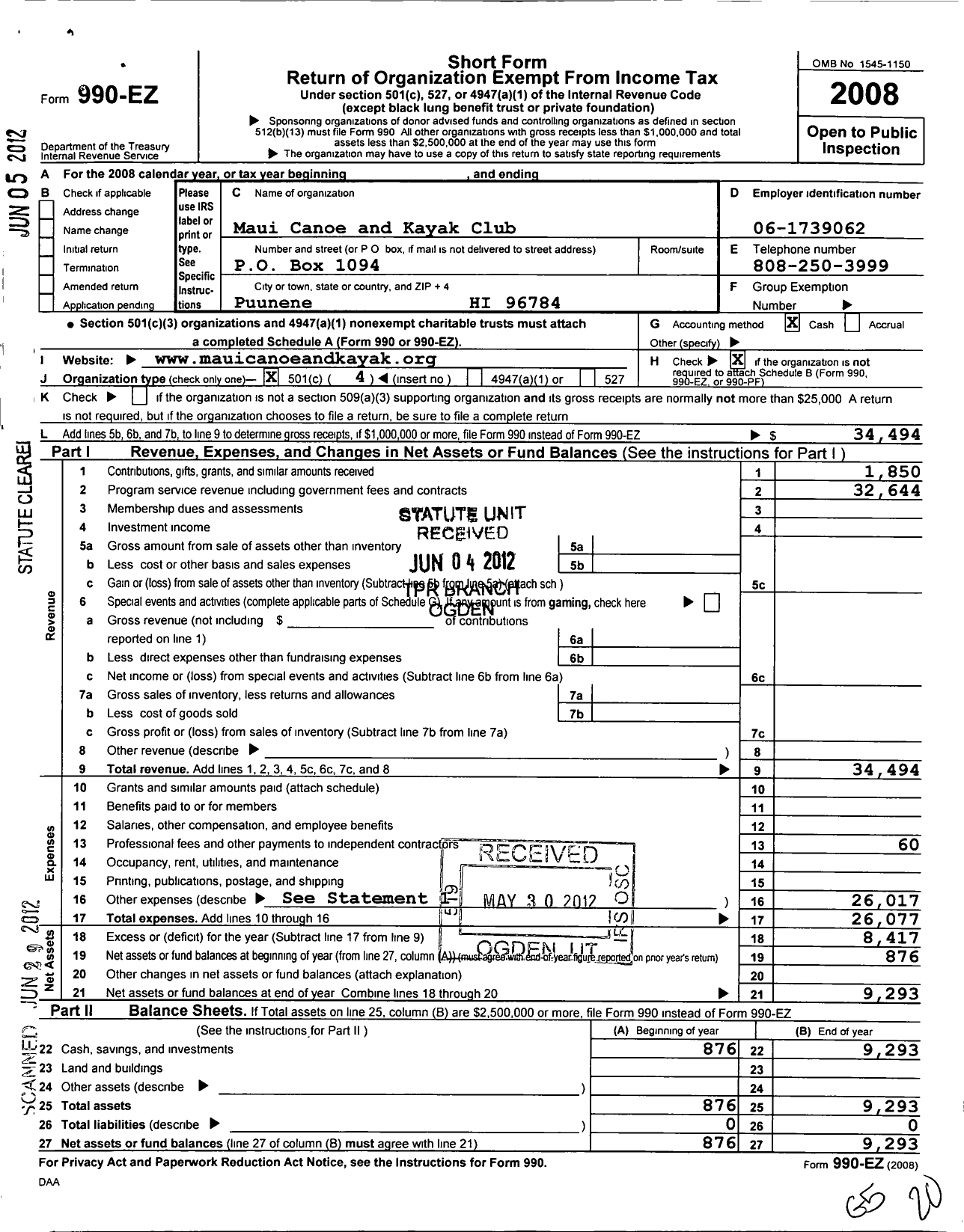 Image of first page of 2008 Form 990EO for Maui Paddling Hui