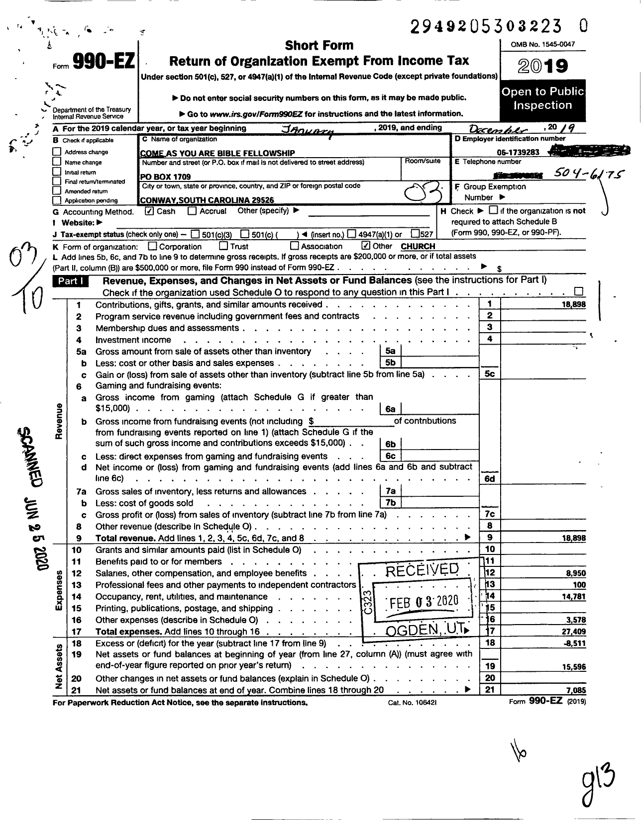 Image of first page of 2019 Form 990EZ for Come As You Are Bible Fellowship