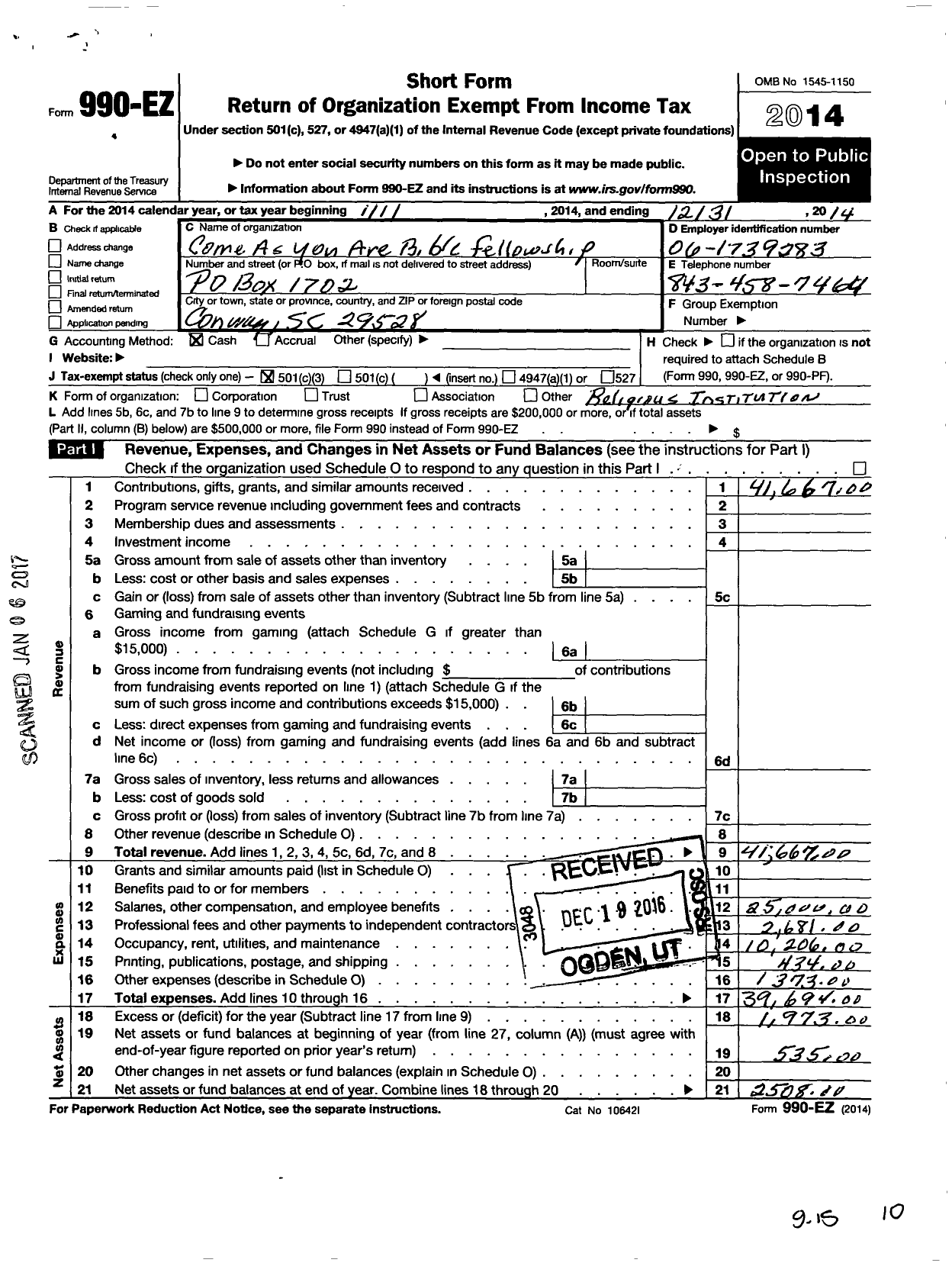 Image of first page of 2014 Form 990EZ for Come As You Are Bible Fellowship