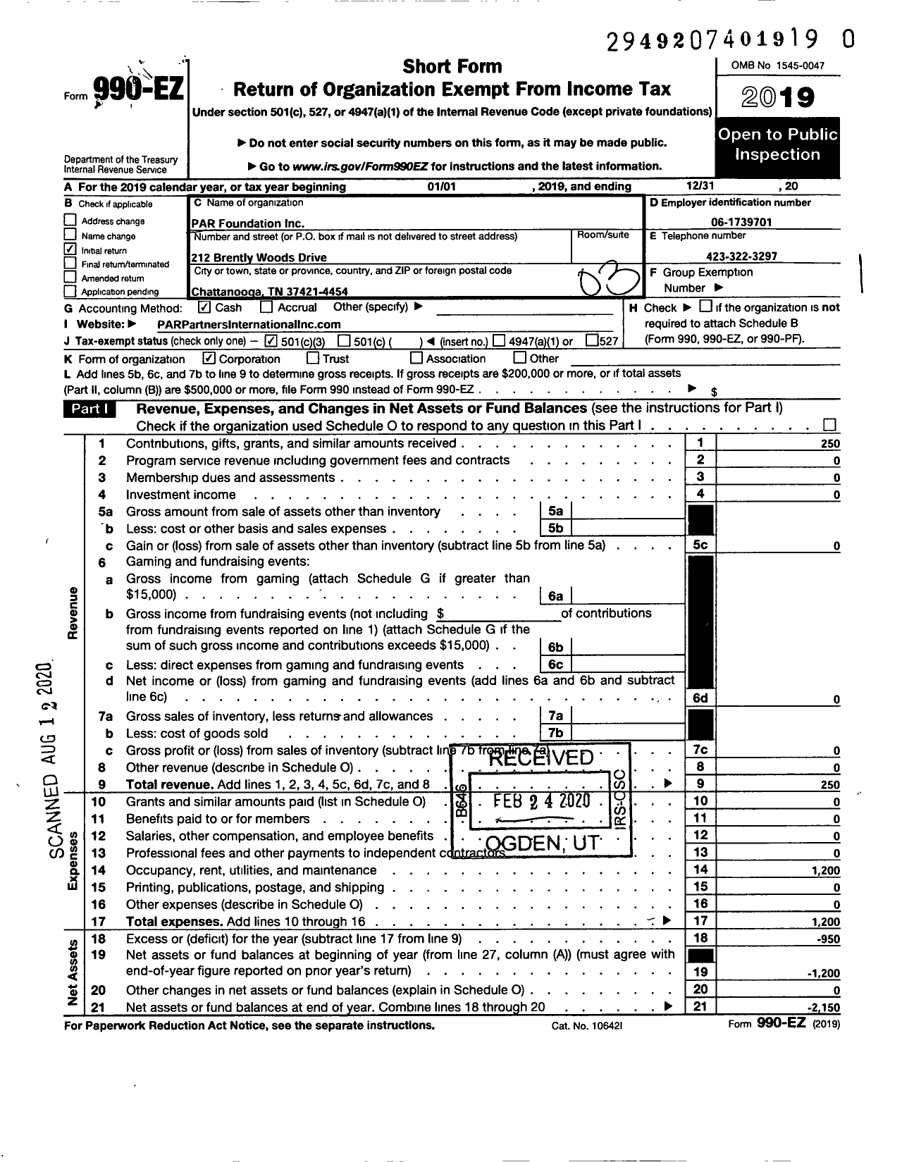 Image of first page of 2019 Form 990EZ for PAR Foundation