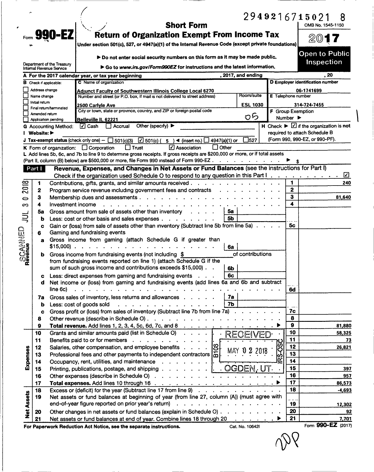 Image of first page of 2017 Form 990EO for American Federation of Teachers - 6270 Part-Time College Professional