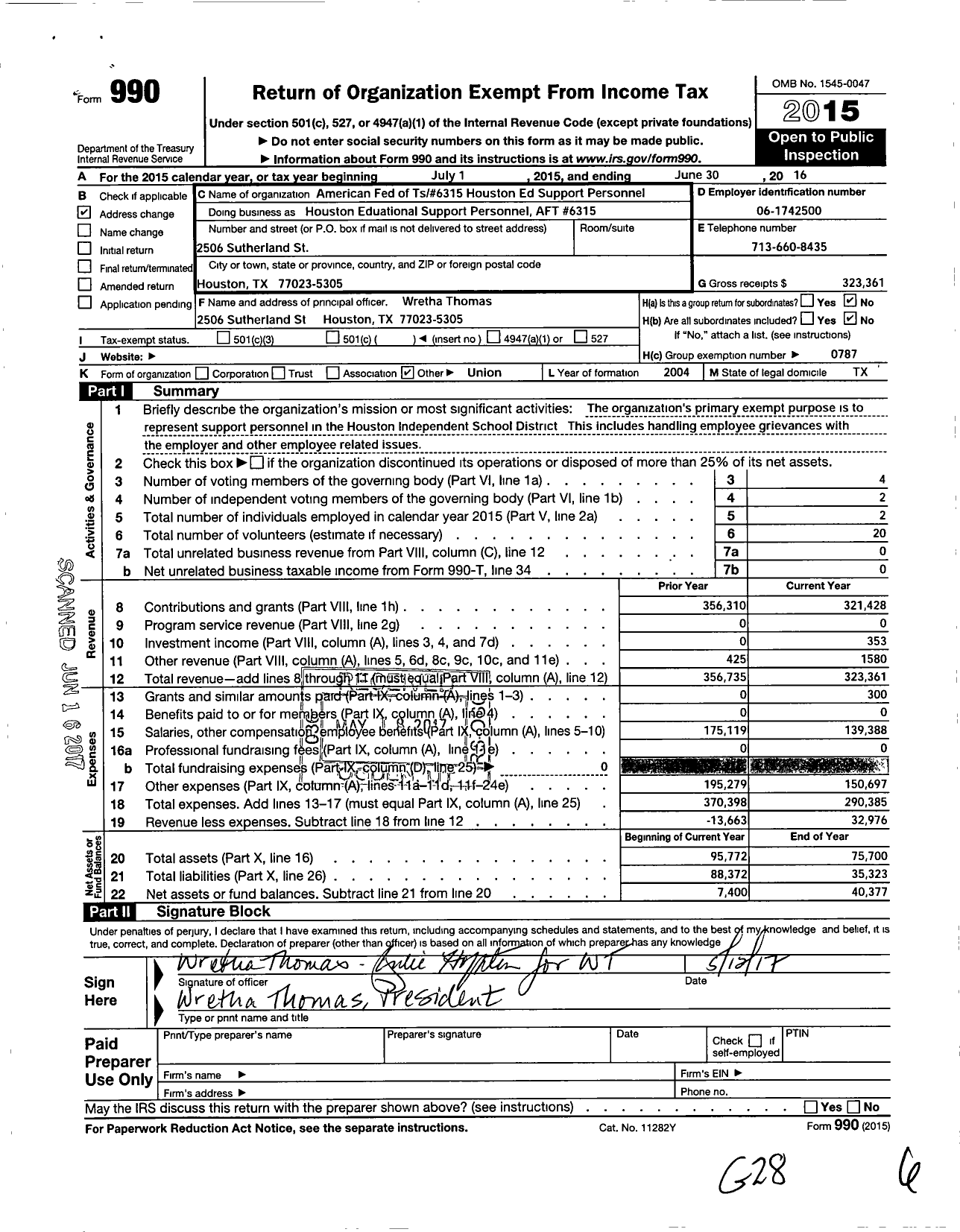 Image of first page of 2015 Form 990O for American Federation of Teachers - Houston Educational Support Personnel
