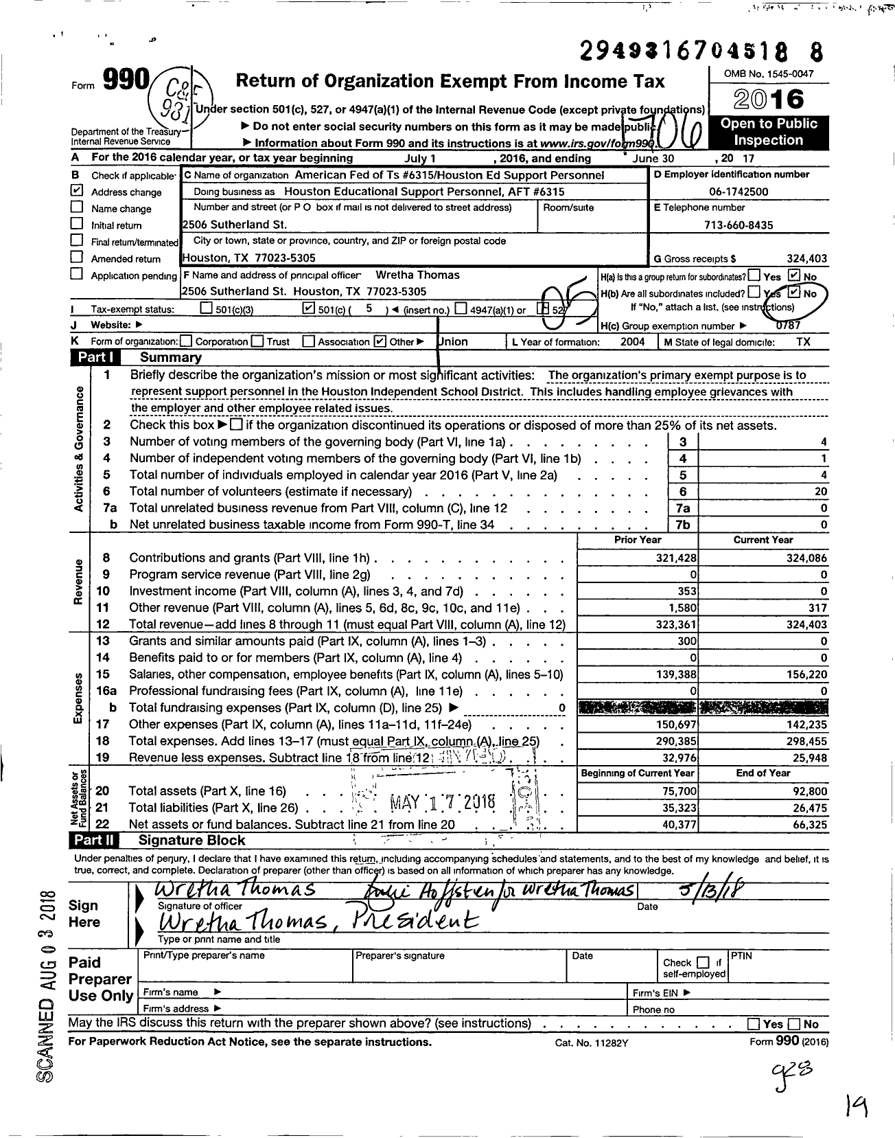 Image of first page of 2016 Form 990O for American Federation of Teachers - Houston Educational Support Personnel