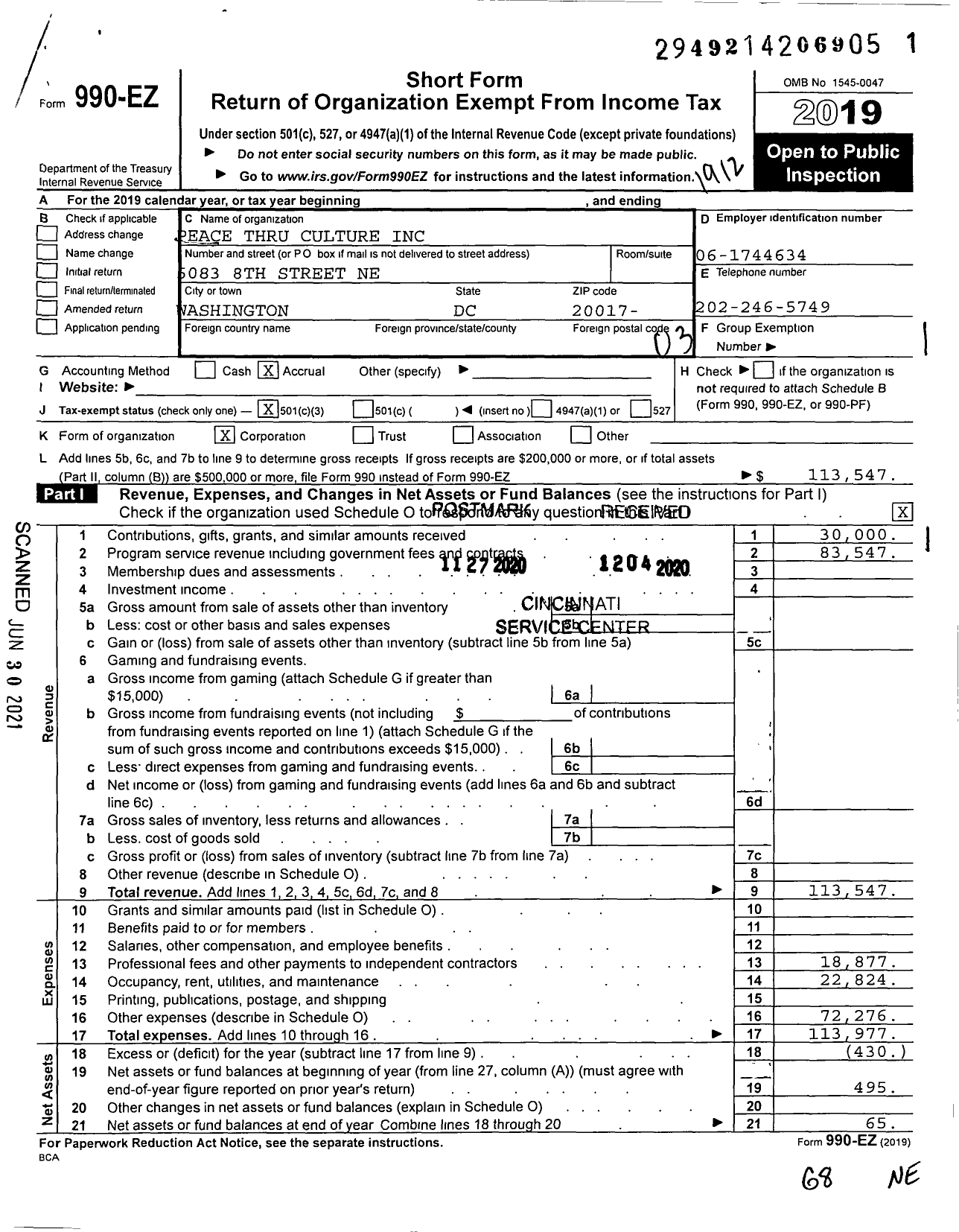 Image of first page of 2019 Form 990EZ for Peace Thru Culture