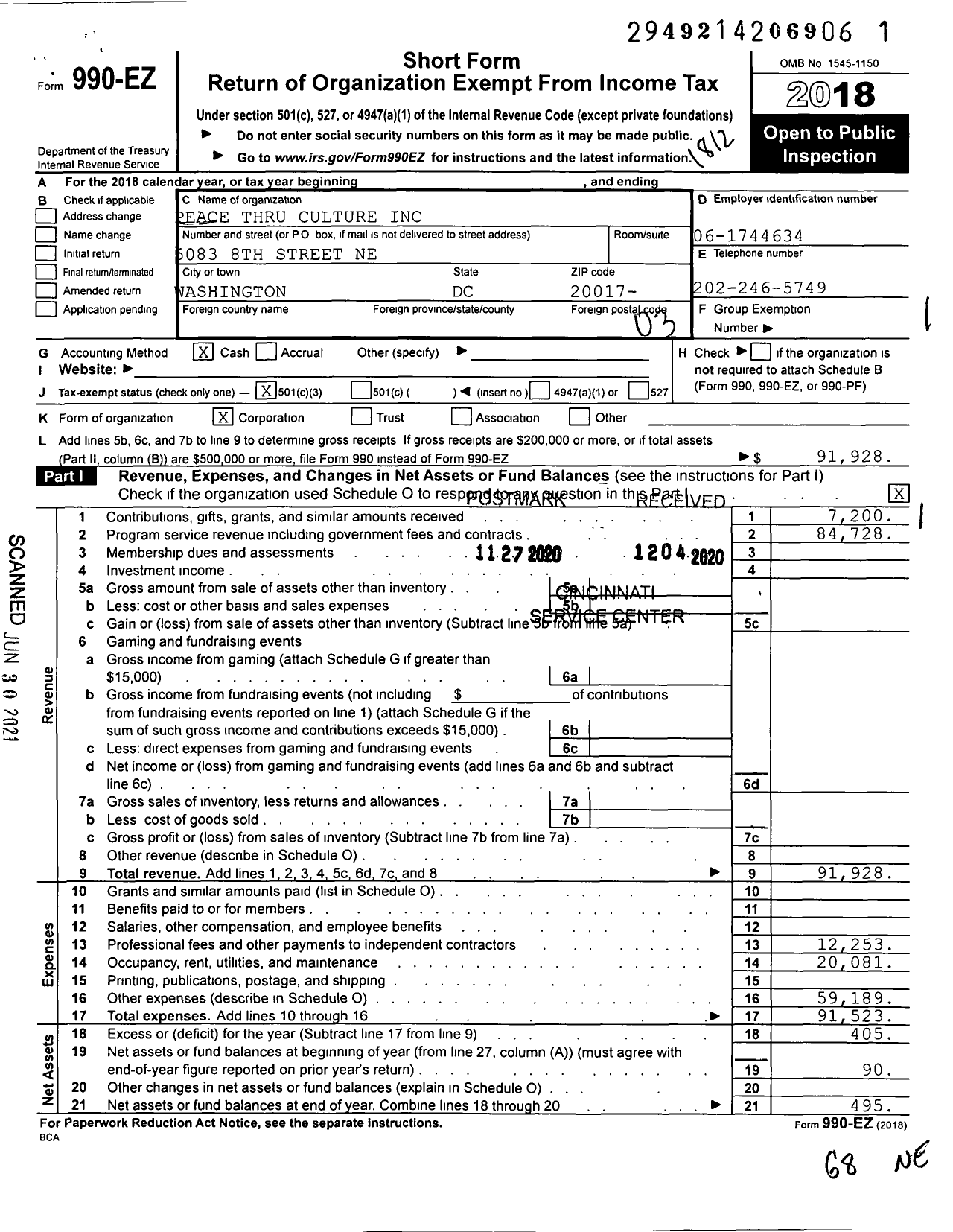 Image of first page of 2018 Form 990EZ for Peace Thru Culture