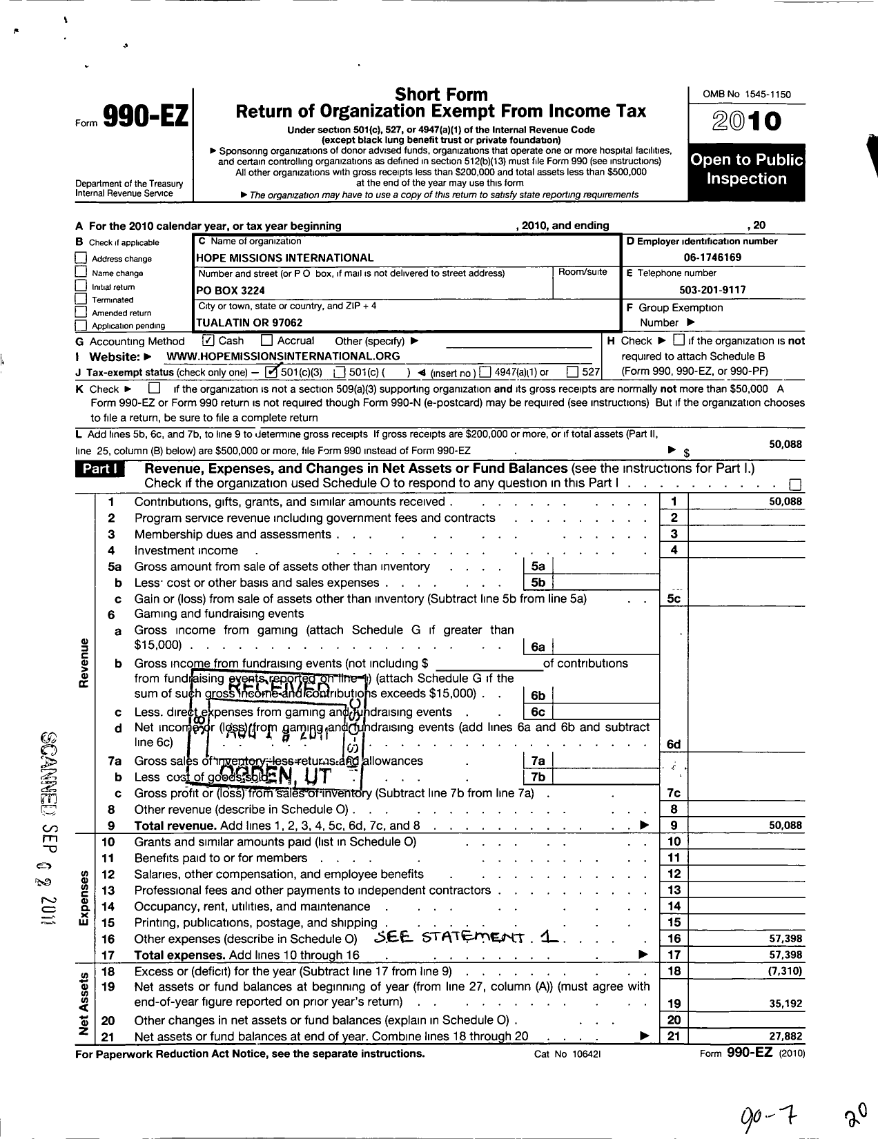 Image of first page of 2010 Form 990EZ for Hope Missions International