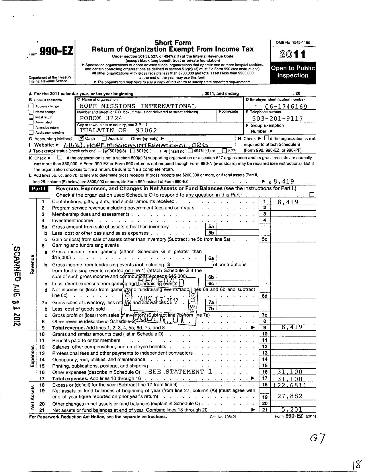 Image of first page of 2011 Form 990EZ for Hope Missions International